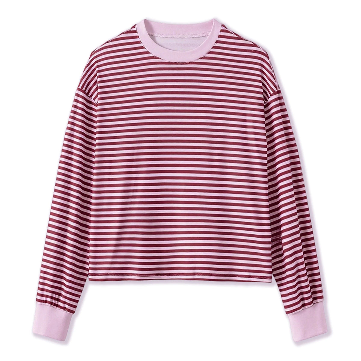 Spring Autumn Casual Loose Tops for Women Long Sleeve Round Neck Loose Fit Striped Print T-shirts