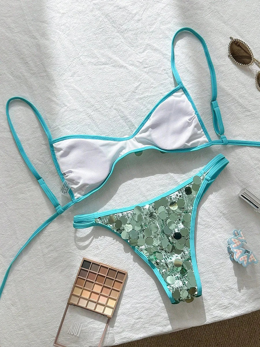 Glitter Sparkling Squins Halter Bikini Women Swimsuit Female Swimwear Two-pieces Bikini Set High Leg Cut Bathing Suit Swim Lady