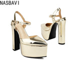 Platform Pointed Toe Sandals for Women Summer New Ankle Buckle Strap Gold Runway High Heels Large Size 43 Wedding Party Shoes