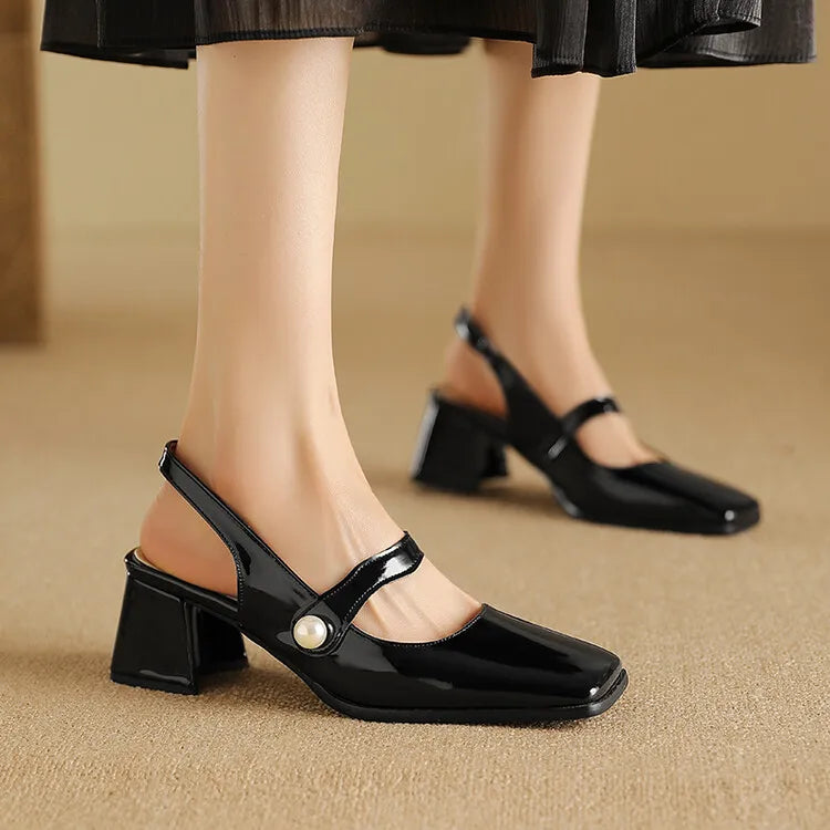 Elegant Slingback Sandals Women Summer Shoes Pink Black Silver Medium Heels Close Toe Office Party Shoes Female Large Size 45