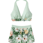 2026 Summer Women's Print Patchwork Swimsuit Sexy Deep V Neck Back Lace-up Swimwear High Waist Shorts Tankini Bathing Suit Beach