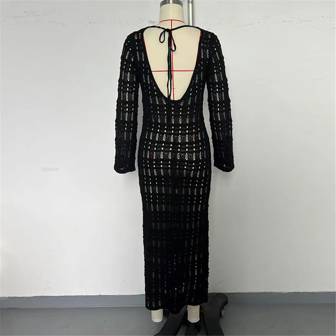 2025 Hollow Out Long Sleeve Backless Knitted Tunic Beach Cover Up Cover-ups Beach Dress Beach Wear Beachwear Female Women K6597