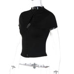 FDYOUI Woman Covered Buttons T-shirts 2026 Summer Short Sleeve Slim Cardigan Tops Ladies Chic Corset Tee Shirt White Black Red