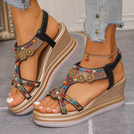 National Wind Beaded Wedge Heels Sandals Women Chunky Platform Slip On Gladiator Sandals Woman Plus Size 43 High Heel Sandalias