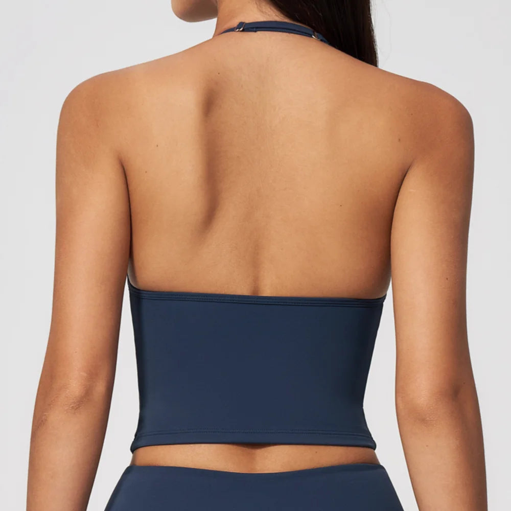 Women Halter V Neck Crop Yoga Tank Top Adjustable Strap Stretch Athletic Cami Fitness Bra Running Workout Gym Sport Active Vest