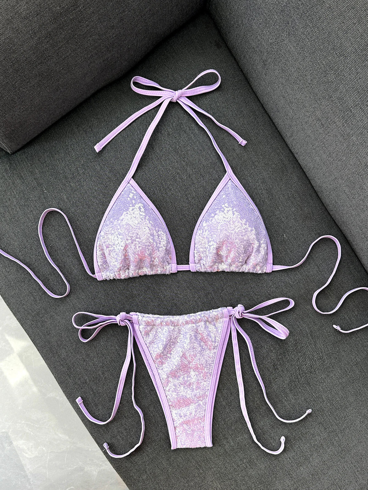 Shiny Sequin Blue Bikini Set 2026 Women Sexy Halter Push Up Bra Bandage Thong Swimsuit Beach Bathing Suit Hoiday Micro Swimwear