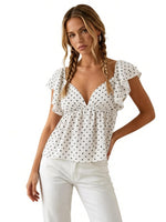 Women's Summer Tiered Cap Sleeve Crop Tops Dot Print V-Neck Cute Back Bow Babydoll Tee