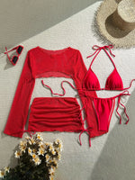 Red 4 Piece Bikini Set 2026 Women Long Sleeve Cover Up Drawstring Skirt 4 Piece Swimsuit Beach Bathing Suit Holiday Swimwear