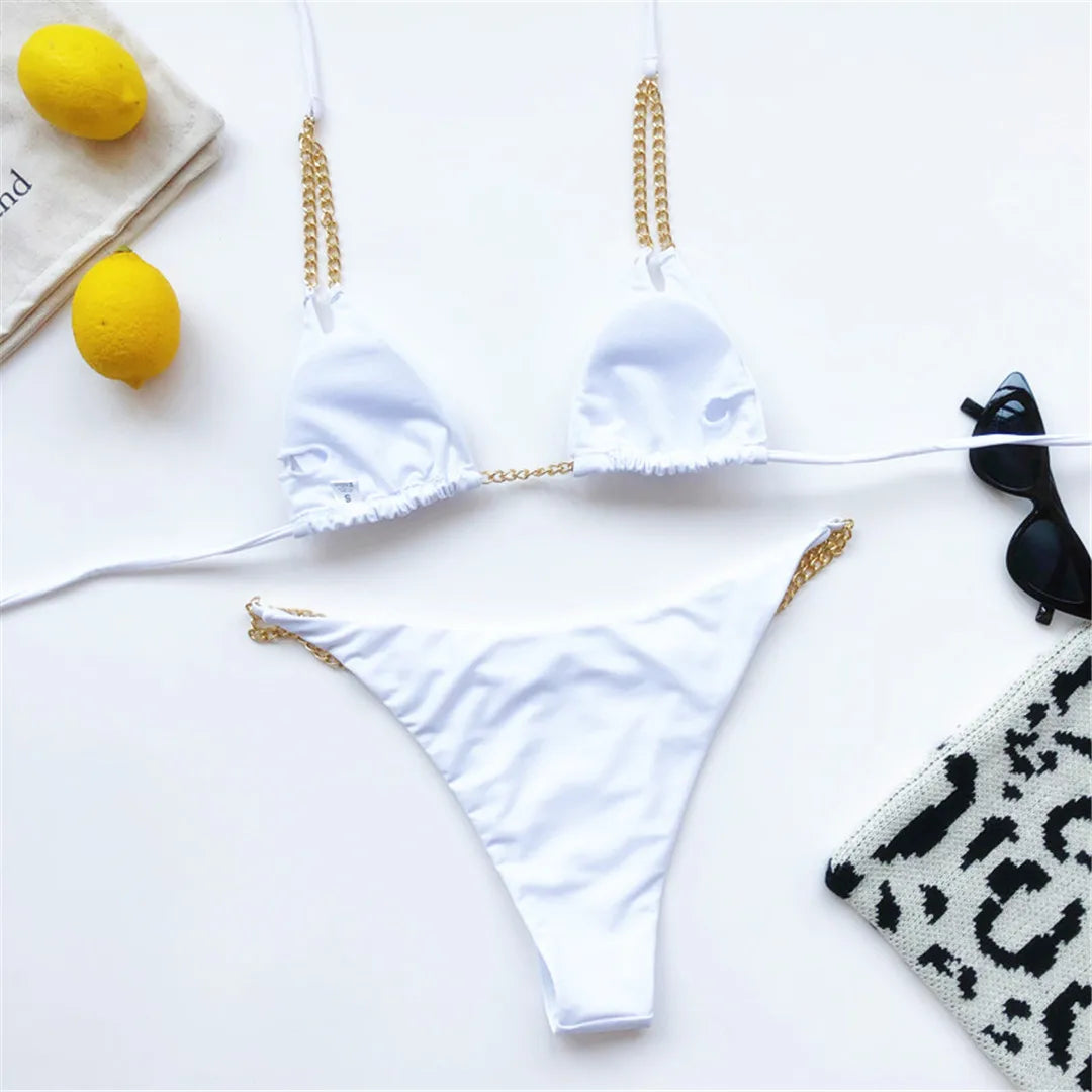 7 Colors Sexy Halter Bikini Female Swimsuit Women Swimwear Two-Pieces Bikini Set Metal Chain Bather Bathing Suit Swim Lady V2362