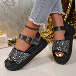 Flat Sandals for Women Plus Size Shiny Sequin Decor Platform Sandals Summer Comfort Light Casual Shoes