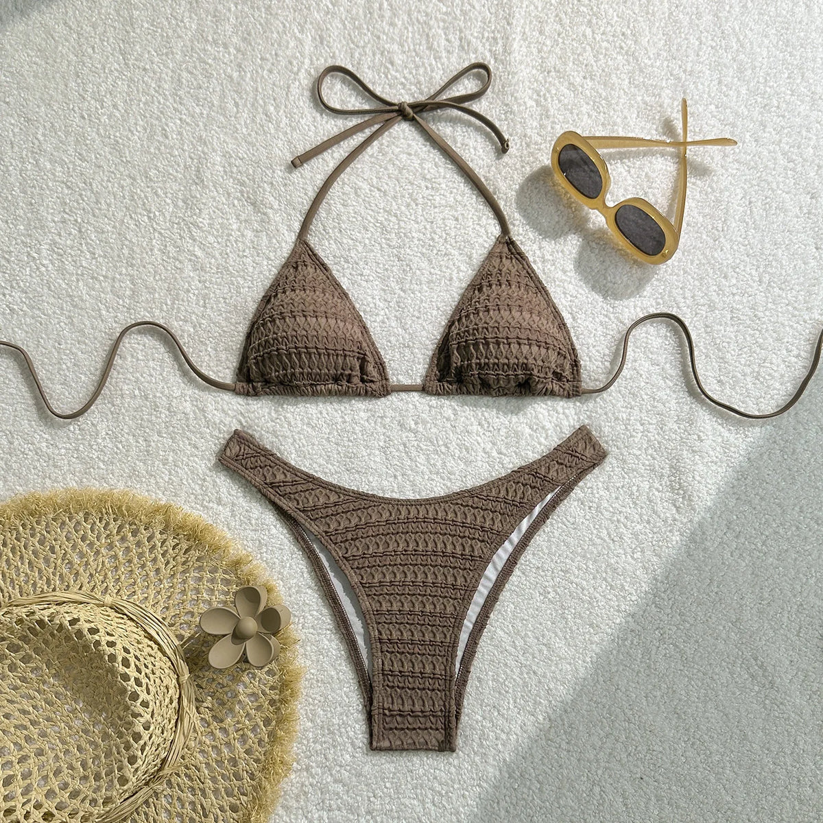 Sexy Knitted Hollow Handmade Crochet Bikini Set Women Pink Bandage Criss Cross Micro Swimsuit Bathng Suit Thong Swimwear