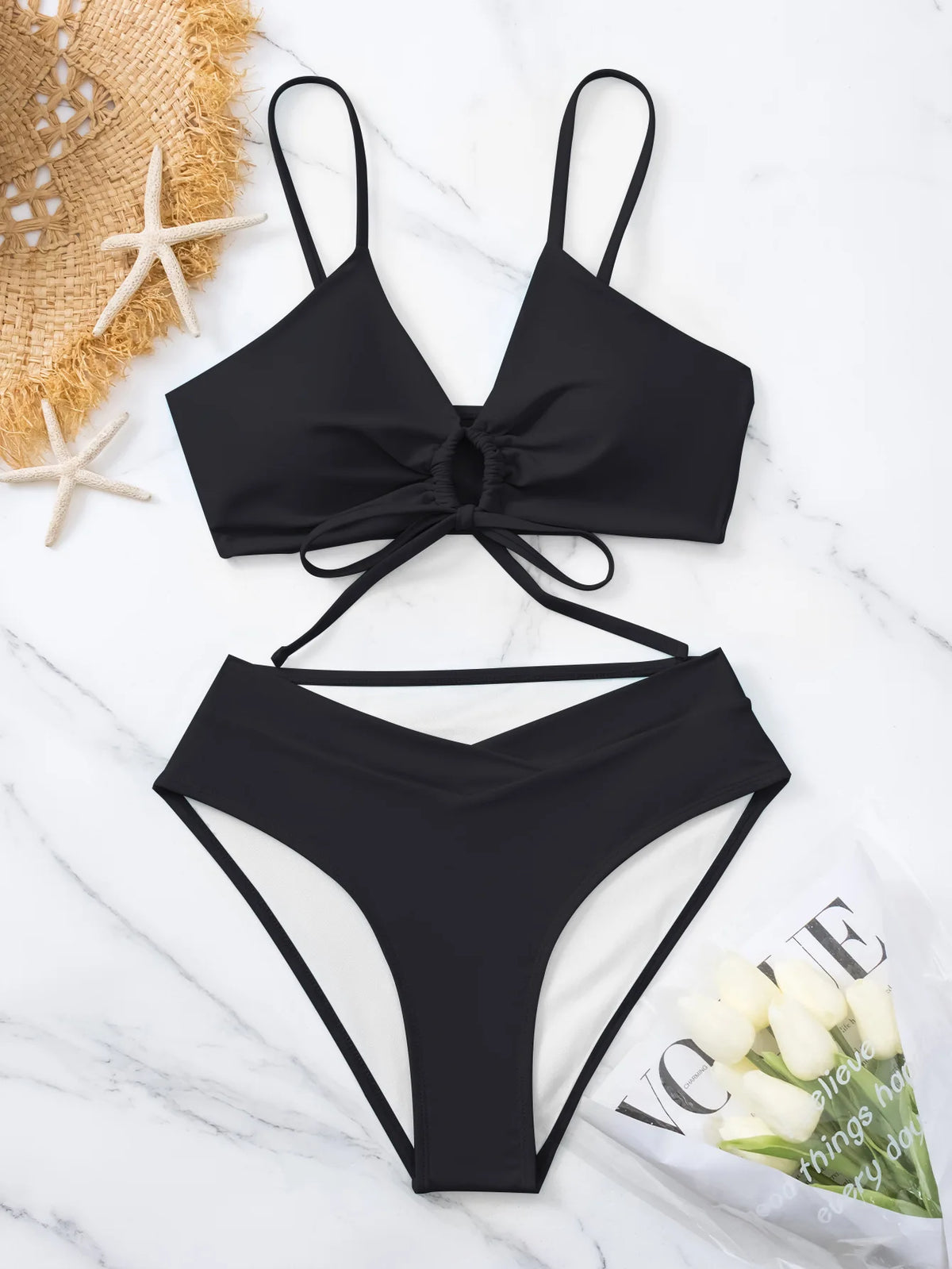 New Women's Swimsuit High Waist Two Piece Bikini Set Hollow Out V-neck Bandage Cross Backless Beach Swimwear Summer Bathing Suit