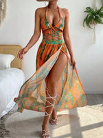 2024 Halter Criss Cross Bikini Tropical Print Swimsuit & Beach Dress 3 Piece Sexy Swimwear Women Bathing Suit Beachwear Summer