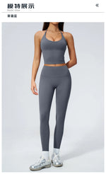 Women Tracksuit 2PCS Seamless Yoga Sets Hanging V Neck Slim Sports Tank Top Fitness Outfits Gym Running High Waist Leggings Suit
