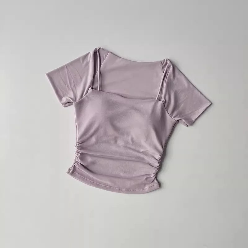 Women's yoga fitness short sleeved T-shirt, fixed chest cushion mesh fake two-piece yoga training fitness top