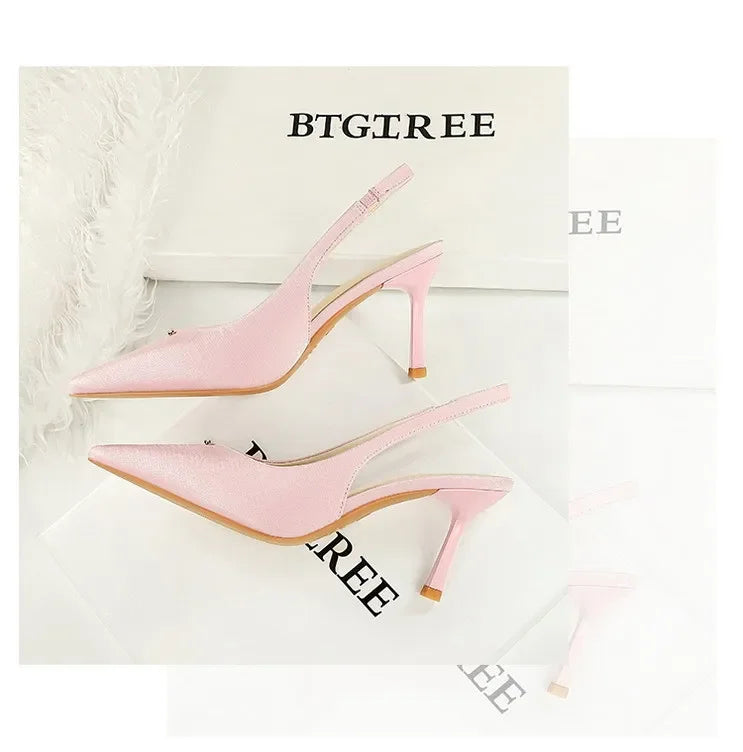 BIGTREE Shoes Sweet Metal Decoration Women Pumps Pointed High Heels silks satins heeled Sandals Women Summer Shoes Stiletto 8 cm