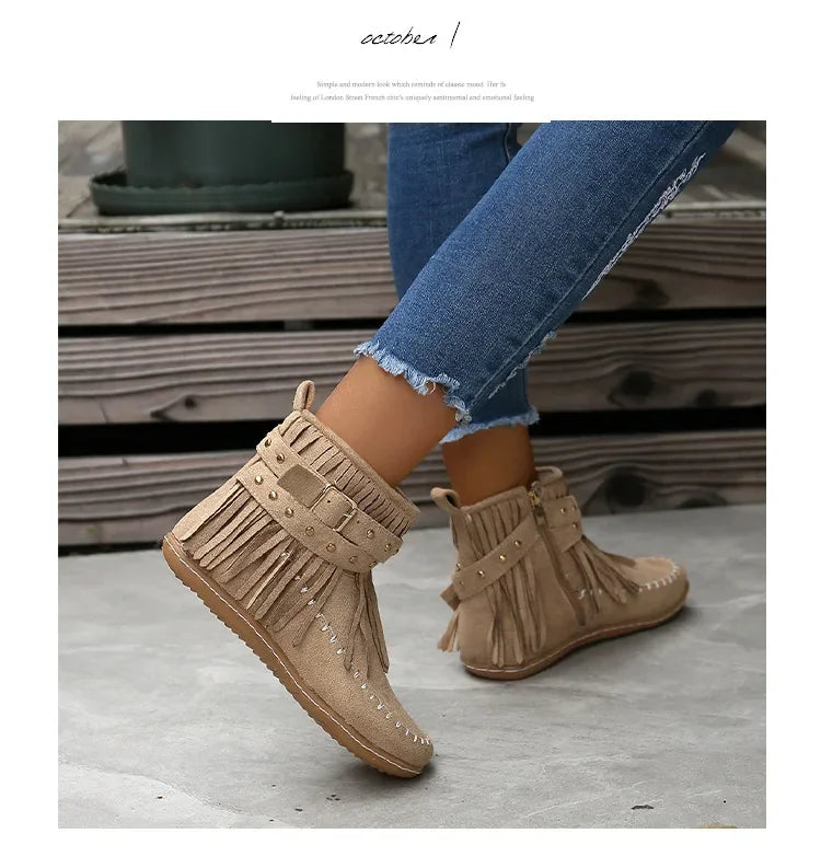 Vintage Women Boots Suede Ankle Boots Fringe Women Shoes Winter Boots Women Side Zipper Casual Shoes Ladies Snow Boot
