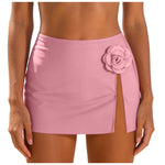 Women Black Swim Skirt 3D White Flower High Waist Side Slit Bikini Cover Up Skirts Beachwear Summer Vacation Beach Swimsuits