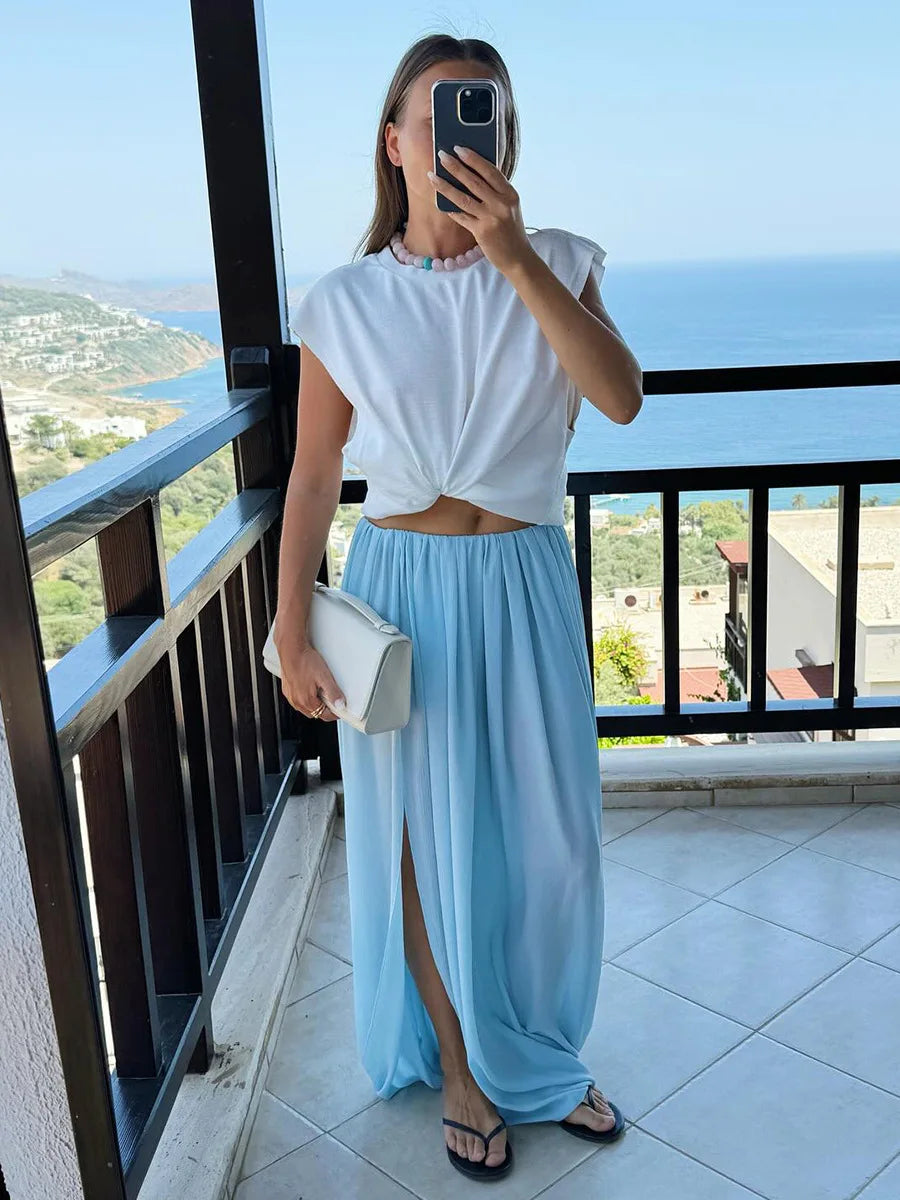 FDYOUI Elegant Solid Color Pleated Skirts for Women 2026 Chic High Slit Long Skirt High Street Office Lady Vacation Party Dress