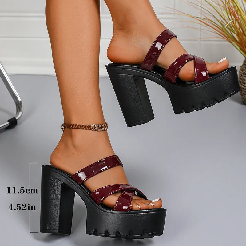 Street Cross Strap Pu Leather Slippers Women Fashion Slip On Thick Sole Sandals Woman Summer New Open Toe Wedding Slides Female