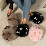 Women Winter Fluffy Closed Toe Slippers Sweet Bow Ornament Soft Non‑Slip Sole Warm Cozy Indoor Outdoor Casual Footwear