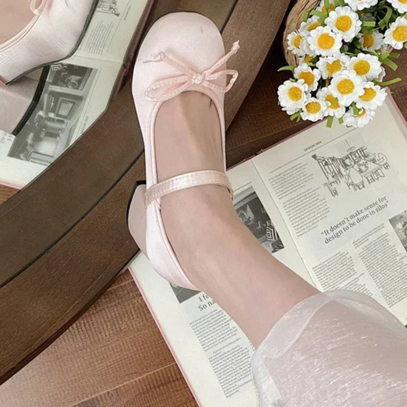 2025 spring cute sweet Bowknot Mary Janes for Womenvintage Silk Med Heelspumps LadiesBanquet Wedding Single Shoes Mujer