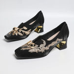 High Heels Women's Embroidered Block Heel Square Toe Shallow Mouth Silk Slip-on Low Top Single