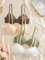 4PCS Daily Lace Trim Women's Underwear Set Bow Ribbed Push up Underwire Bra Comfortable Stylish Women's Bra