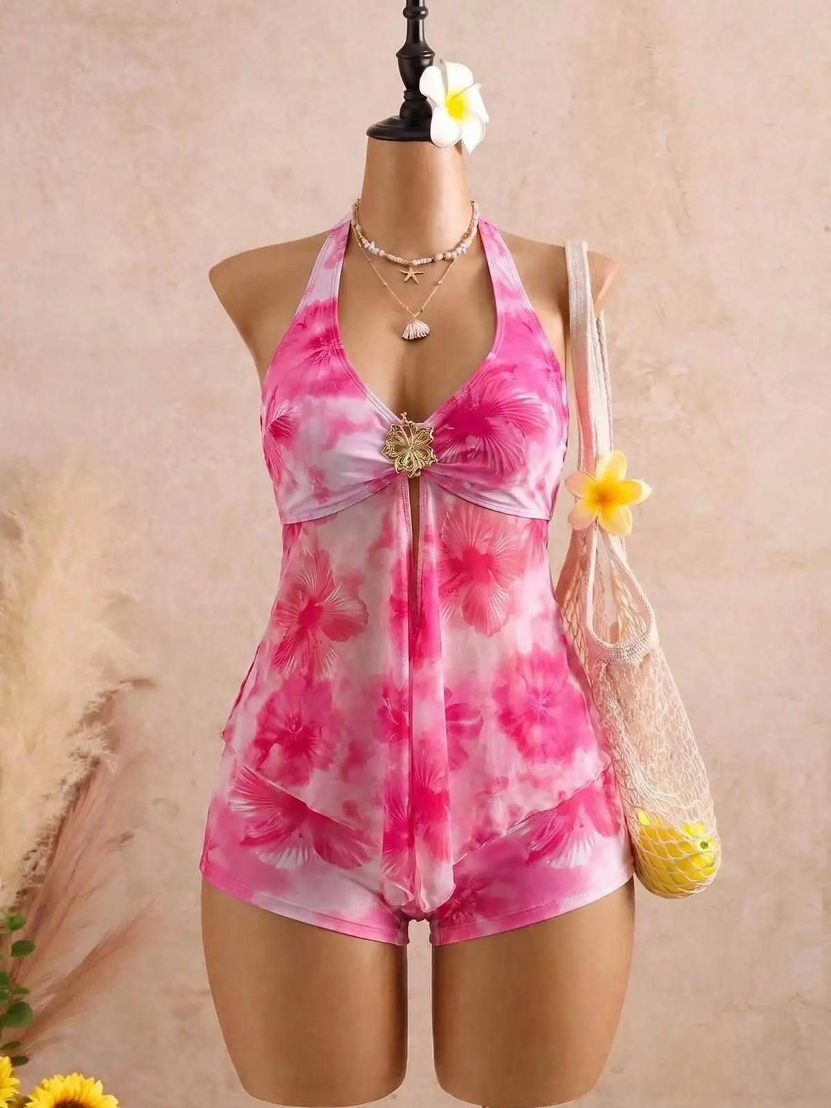 Sexy Beige Two Piece Bikini Set 2026 Women Metal Sun Ornament Mesh Tank Top High Waist Swimsuit Holiday Bathing Suit Swimwear