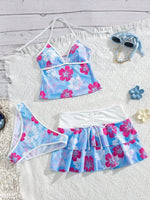 Vintage Green Floral Print Bikini Set 2026 Women Drawstring Pleate Skirt 3 Piece Swimsuit Beach Holiday Bathing Suit Swimwear