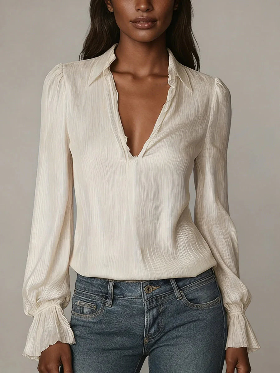 2026 Spring Women's Shirts European and American Fashion Long Sleeve Tops Solid Color Korean Style Lapel Shirts with Ruffles