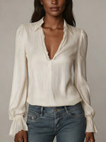 2026 Spring Women's Shirts European and American Fashion Long Sleeve Tops Solid Color Korean Style Lapel Shirts with Ruffles