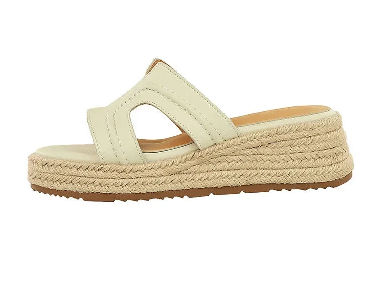 Spring 2025 Women's Slippers Hollow Out Strap Waterproof Thick Heel Woven Rope Country Style Slip-On Shoes Polyurethane Material