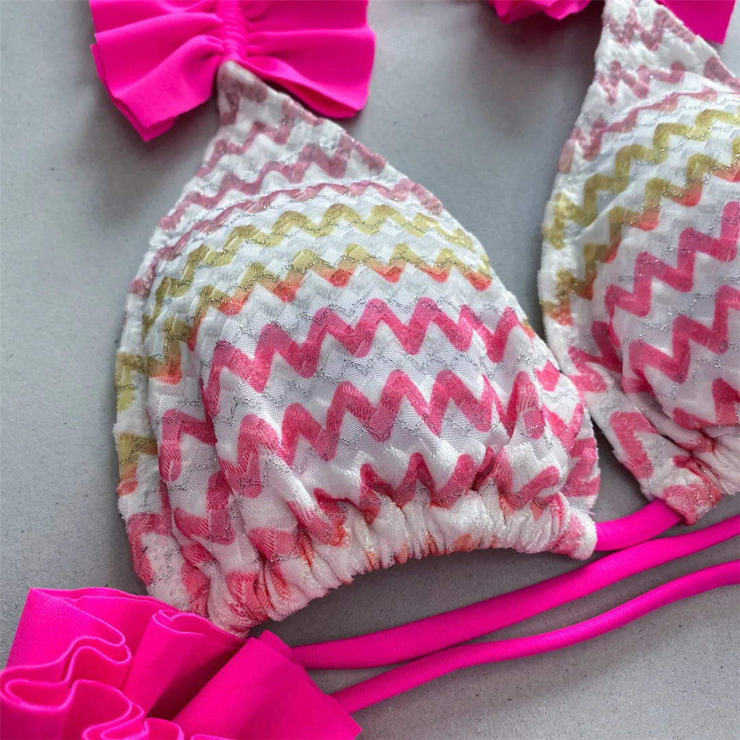 Blue Three-pieces Bikini set With Skirt Waved Ruffled Frilled Bikini Female Swimsuit Women Swimwear Bather Bathing Suit V5235C