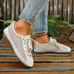Women Mesh Lace‑Up Flat Sneakers Breathable Mesh Upper Round Toe Lightweight Retro De Training Casual Walking Summer Shoes