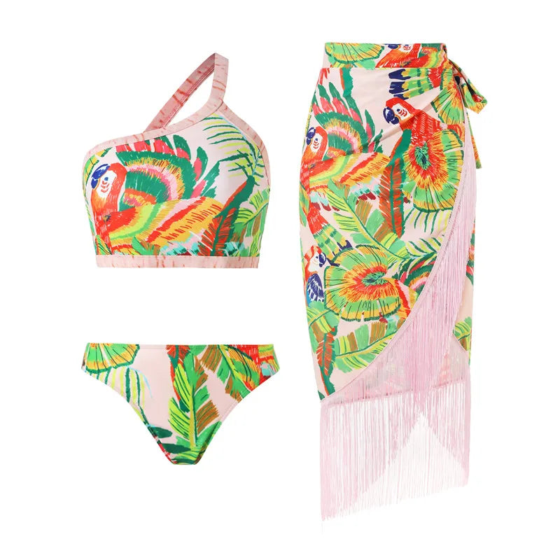 2024 Sexy Sling Ruffle Solid Two Pieces Bikini Women High Waist 3D Flower Swimsuit Skirt Summer Backless Beachwear Bathing Suit