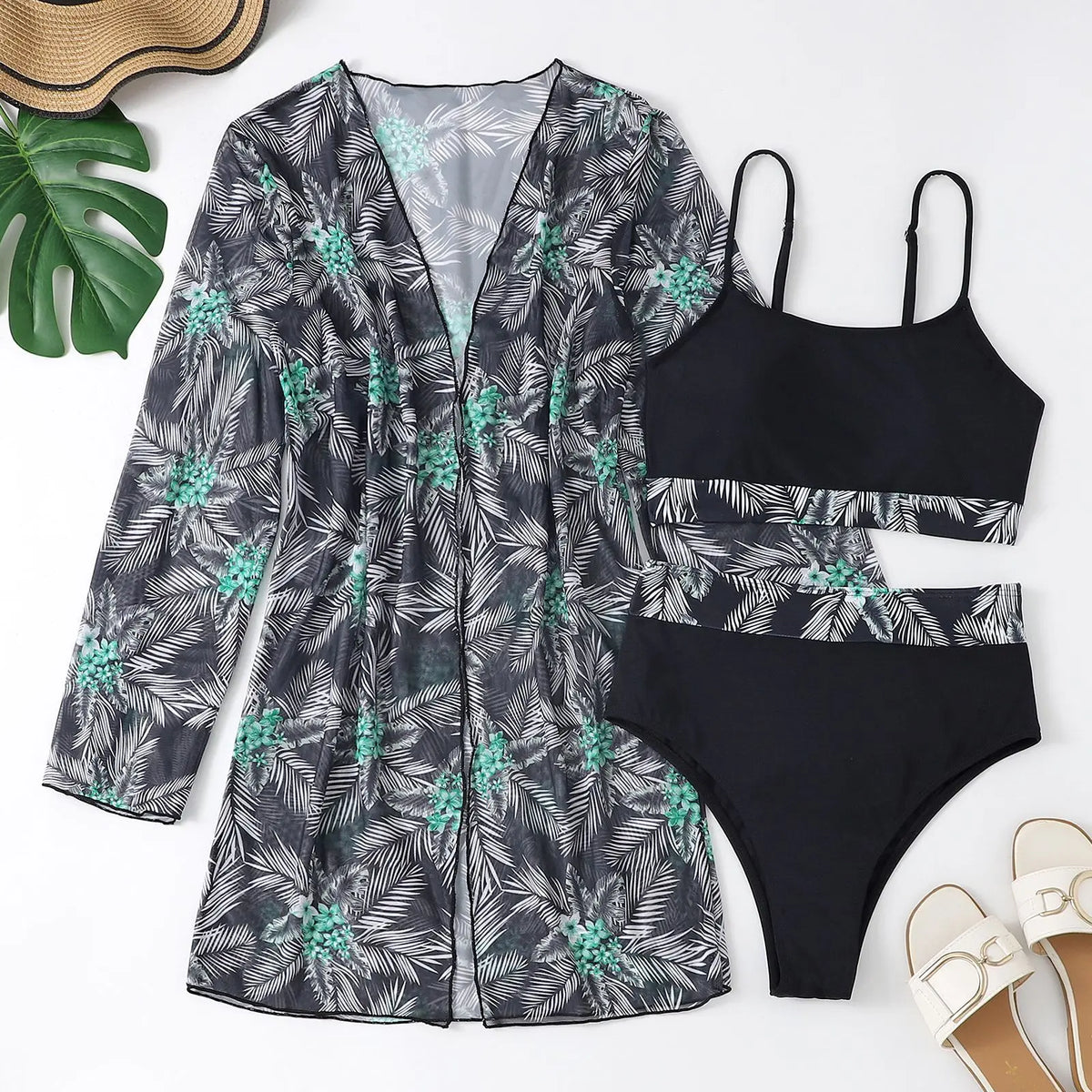 2025 Three Pieces Bikini Set Cover Up Swimwear Women Swimsuit Print Long Sleeve Push Up Bathing Suit Beachwear Swimming Biquini