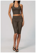 New Summer Women White Polka Dot Print Yoga Sets Hanging Neck Slim Sport Vest High Waist Mid Pants Gym Two-piece Workout Clothes