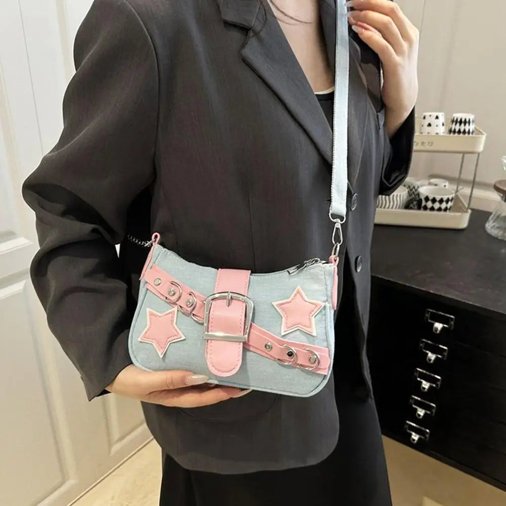 Fashion Women's Handbags Denim Stars Pattern Cool Girls Underarm Bag Female Small Shoulder Hobo Bags Chain Tote Bag
