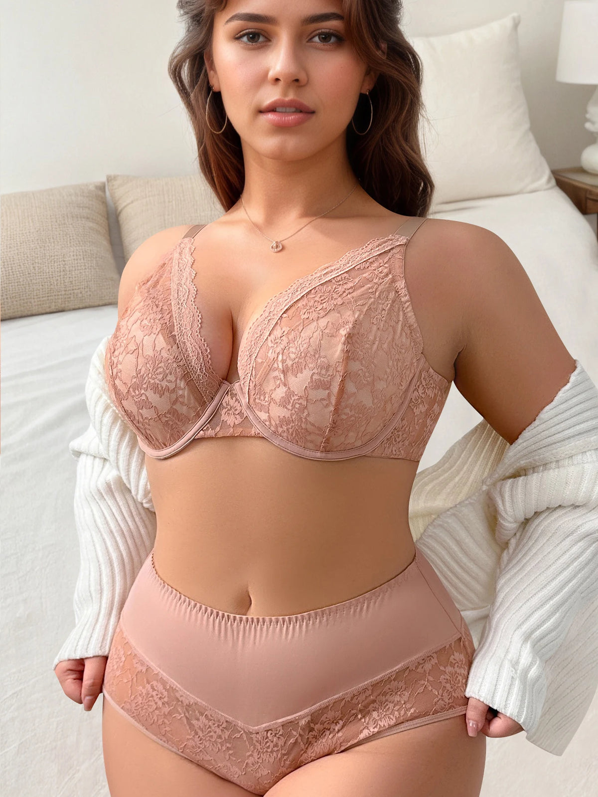 Plus size 2-piece sexy women's underwear set semi transparent lace retro fashion large underwear pink Lingerie MR3419