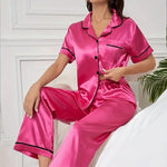 Silk 2Pcs Pyjama Set For Women Short-Sleeve With Pockets And Long Pants Soft Smooth Touch Luxurious Ladies' Sleepware Nightshirt