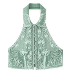 Women's Fashionable Lapel Embroidered Backless Shorts Set J25E
