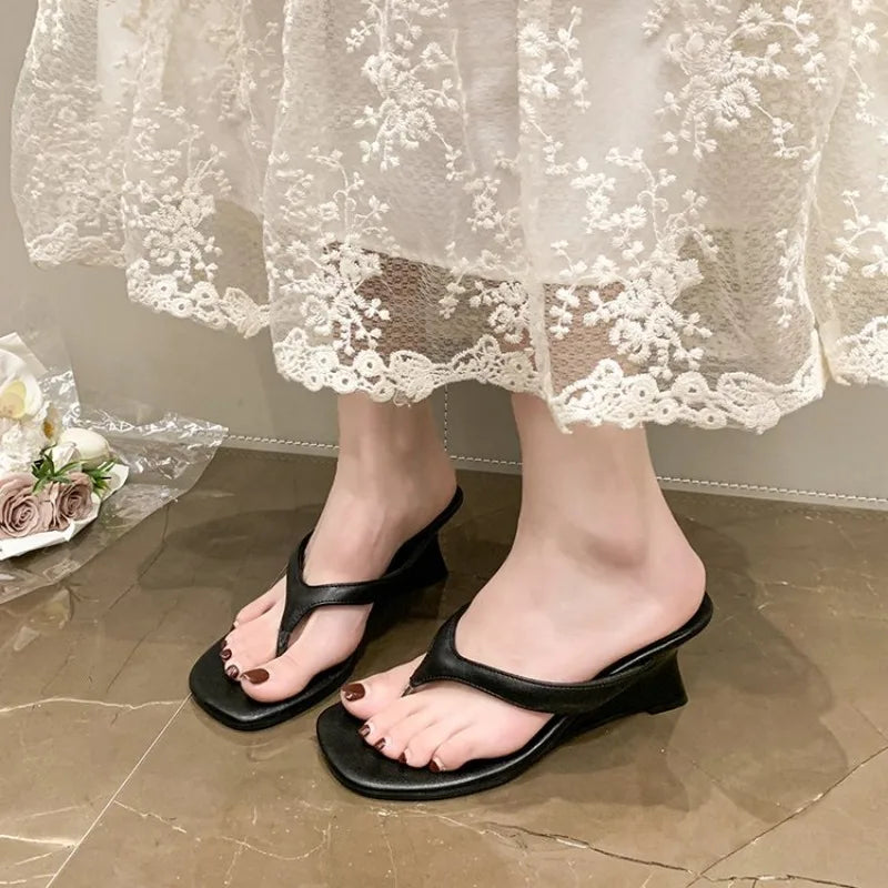 Summer Outdoor Fairy oes Simple Toe Clip High Heels Sandals Women's Flip Flops Korean Sle PURubber Sole