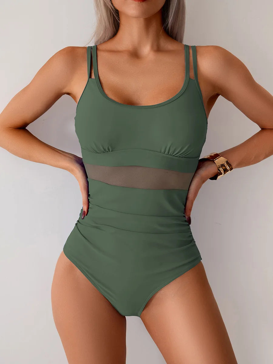 Vintage Mesh Patchwork One Piece Swimsuit Women Black Double Strap Pleate Transaprent Slim Tummy Control Swimwear 2025 Monokini