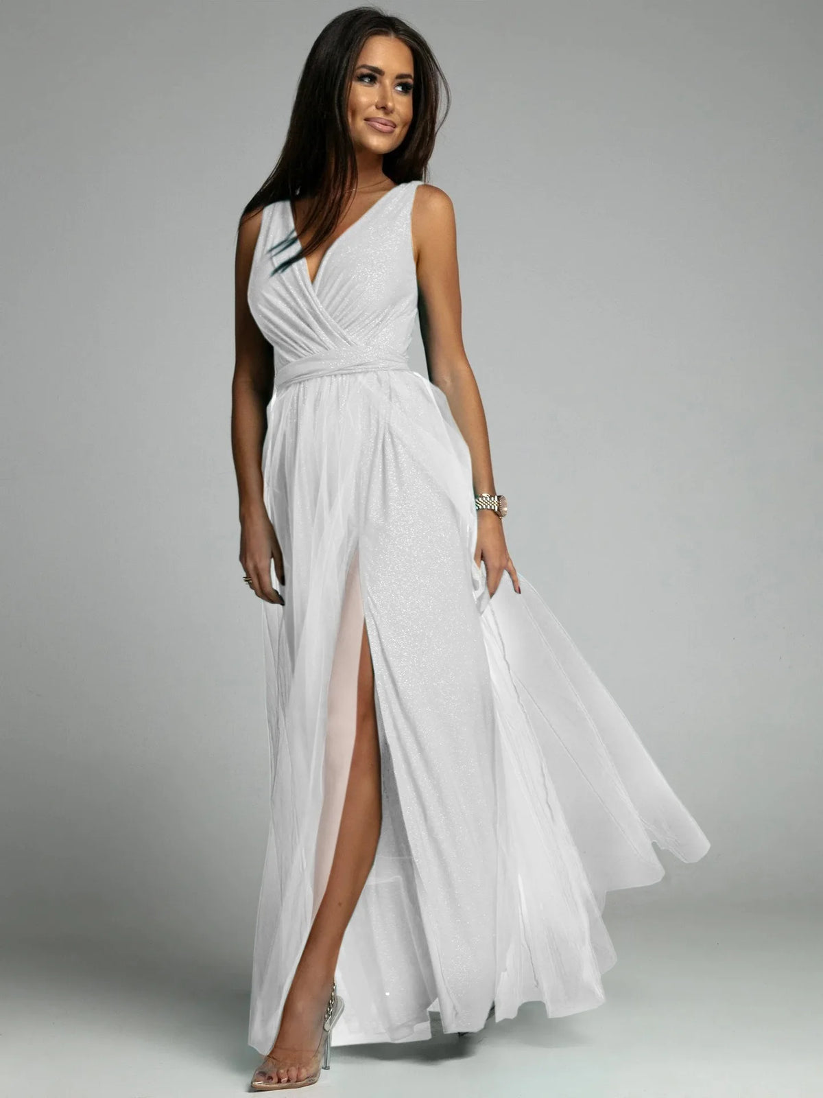 Elegant Solid Color Fine Sparkle Party Dresses Women Temperament V-neck Leace-up Mesh Slit Long Dress Evening Vestidos Female