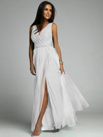 Elegant Solid Color Fine Sparkle Party Dresses Women Temperament V-neck Leace-up Mesh Slit Long Dress Evening Vestidos Female