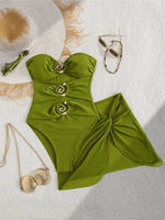 XS - L 6 Colors With Skirt Cut Out Women Swimwear Bandeau Metal Ring Bather Bathing Suit Swim One Piece Swimsuit Female K8108