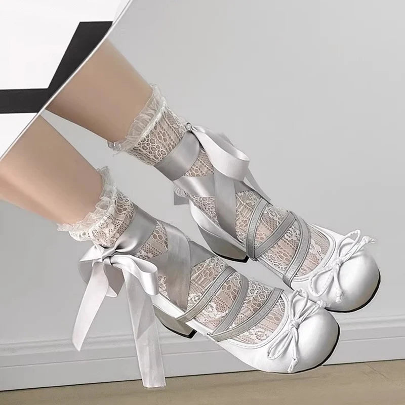 Lolita Cross Strap Pink Round Toe Shoes Ladies Sweet Butterfly Knot Med Heels Mary Janes Shoes Women Fashion Party Shoes Mujer