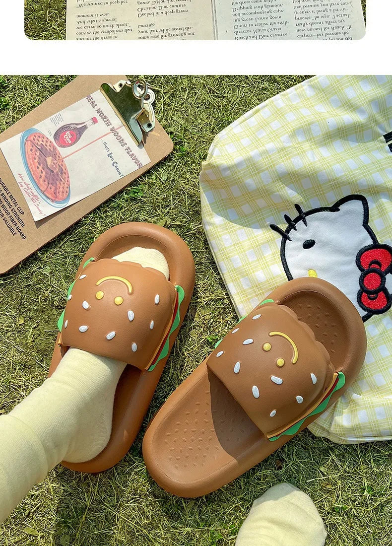 CartoonCutesy3D Sesame Burger Slippers for Women, Summer Outdoor & Home Wear, Anti-Slip Thick Soles, Flat Back Slides,Flip Flops