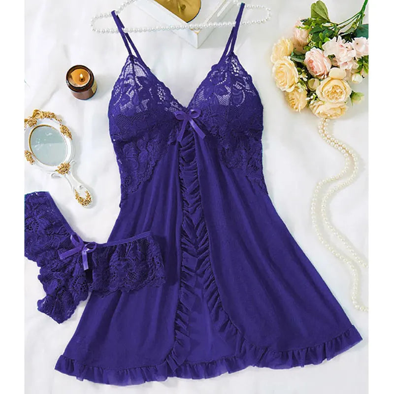 Curves 2-Piece Women's Underwear Set Lace Low-Rise Panties With Nightgown Intimate Apparel Breathable Delicate Summer Lingerie